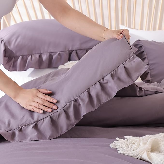 JANZAA Comforter Set Full Size Grayish Purple Ruffle Comforter 3PCS Soft Fluffy Comforter Vintage Farmhouse Bed Comforter Set Shabby Chic Bedding with 2 Pillowcases - LeafyLoom