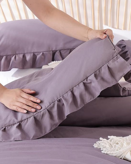 JANZAA King Size Comforter Set Grayish Purple Ruffle Comforter 3PCS Soft Fluffy Boho Comforter Vintage Farmhouse Bed Comforter Set Shabby Chic Bedding with 2 Pillowcases for All Season - LeafyLoom