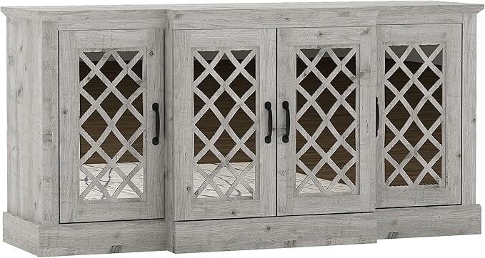 Galano Millicent Wide Sideboard Buffet Cabinet, Kitchen Storage Cabinet with Acrylic Mirror Doors, Cupboard Console Table, Rustic Farmhouse Buffet Display for Coffee Bar, Mexican Grey - LeafyLoom