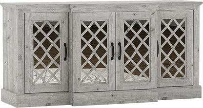 Galano Millicent Wide Sideboard Buffet Cabinet, Kitchen Storage Cabinet with Acrylic Mirror Doors, Cupboard Console Table, Rustic Farmhouse Buffet Display for Coffee Bar, Mexican Grey - LeafyLoom