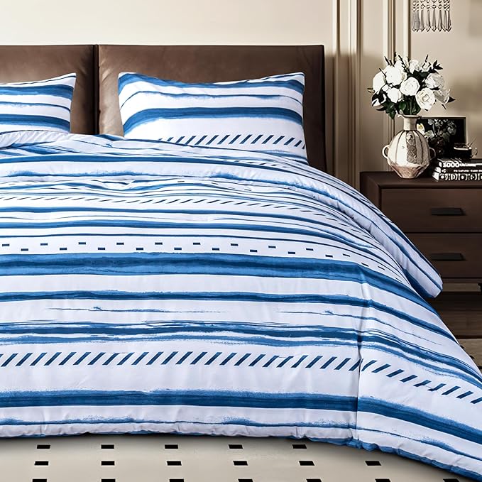 Sophia & William King Size Comforter Set for All Season, 3 Pcs Bedding Set with Navy Printed Comforter with & 2 Pillowcases - LeafyLoom