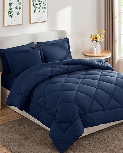 CozyLux Twin Bed in a Bag Comforter Set with Sheets 5 Pieces for Girls and Boys Navy Blue All Season Bedding Sets with Comforter, Pillow Sham, Flat Sheet, Fitted Sheet and Pillowcase - LeafyLoom