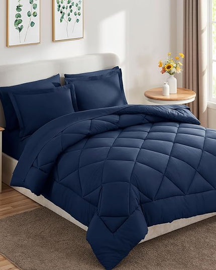 CozyLux King Comforter Set with Sheets 7 Pieces Bed in a Bag Navy Blue All Season Bedding Sets with Comforter, Pillow Shams, Flat Sheet, Fitted Sheet and Pillowcases - LeafyLoom