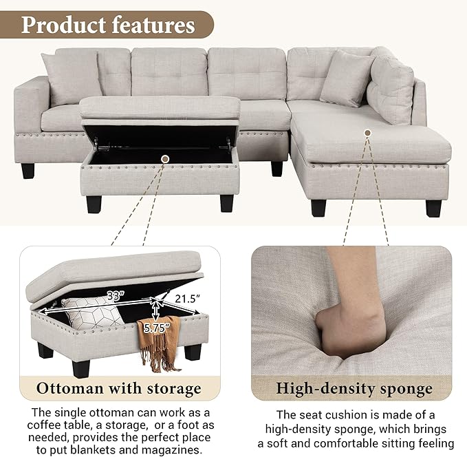 104.5" Modern L-Shape Sectional Sofa with Reversible Chaise &Storage Ottoman, Linen Upholstered Couch w/Rivet Ornament, 2 Pillows and Cup Holder, for Living Room, Apartment - LeafyLoom