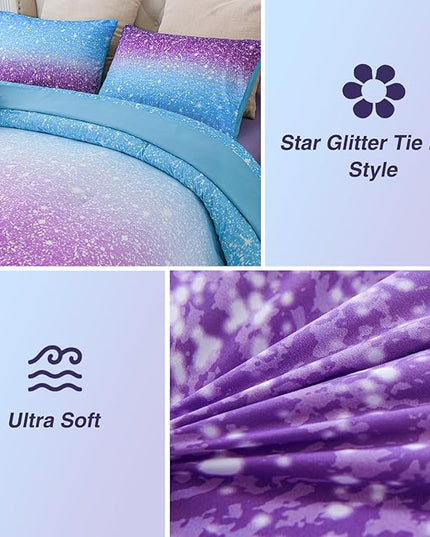 A Nice Night Girls Comforter Set Twin Size 6 Piece Bed in A Bag 3D Colorful Sparkle Galaxy Rainbow Bedding Comforter Sheet Sets for Kids,BluePurple - LeafyLoom
