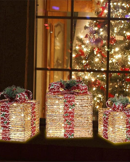 [Ultra-Large 15.5"x13.5"x11" Christmas Set of 3 Lighted Rattan Gift Boxes Decorations Pre-lit 91 Super-Bright LED with Flashers,for Indoor Outdoor Pathway Holiday Party Home(Warm White) GLOWNOVA