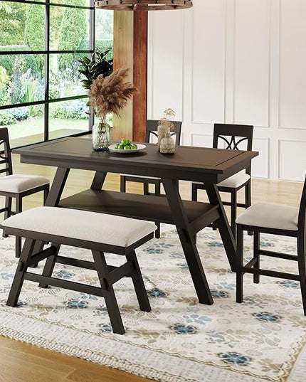 6-Piece Dining Room Table Set, Wood Counter Height Dining Table Set with Storage Shelf, 4 Upholstered Chairs and Bench, Kitchen Table and Chair Set for Dining Room, Espresso+Beige - LeafyLoom