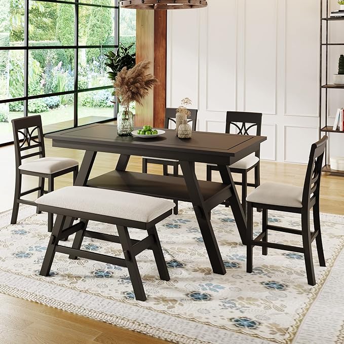 6-Piece Dining Room Table Set, Wood Counter Height Dining Table Set with Storage Shelf, 4 Upholstered Chairs and Bench, Kitchen Table and Chair Set for Dining Room, Espresso+Beige - LeafyLoom