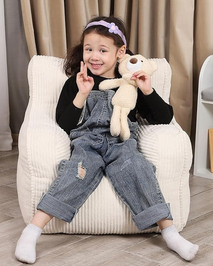 Kids Bean Bag Chair with a Plush Bear, Comfy Toddler Chair for Boys and Girls, Beige - LeafyLoom