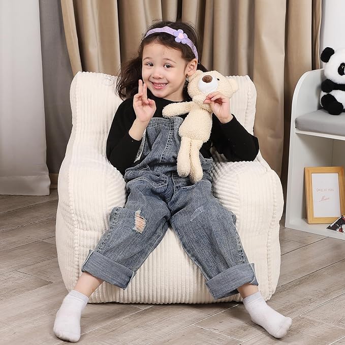 Kids Bean Bag Chair with a Plush Bear, Comfy Toddler Chair for Boys and Girls, Beige - LeafyLoom