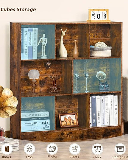LEYAOYAO 8 Cube Bookshelf with Base,3 Tier Mid-Century Modern Brown Bookcase,Standing Wide Bookshelves Storage Organizer Shelf,Rustic Wood Display Cabinet Book Shelves for Bedroom,Living Room,Office - LeafyLoom