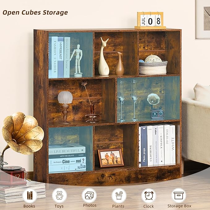 LEYAOYAO 8 Cube Bookshelf with Base,3 Tier Mid-Century Modern Brown Bookcase,Standing Wide Bookshelves Storage Organizer Shelf,Rustic Wood Display Cabinet Book Shelves for Bedroom,Living Room,Office - LeafyLoom