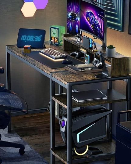 Gimars Upgrade 47” Computer Home Office Desk with Monitor Stand, Rustic Writing Desk with Adjustable Shelves & Large Bookshelf, Easy Assembly Gaming Desk, Spacious, Modren Design for Home Office - LeafyLoom