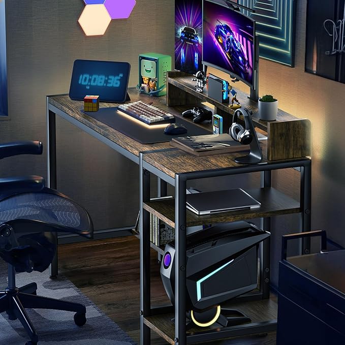 Gimars Upgrade 47” Computer Home Office Desk with Monitor Stand, Rustic Writing Desk with Adjustable Shelves & Large Bookshelf, Easy Assembly Gaming Desk, Spacious, Modren Design for Home Office - LeafyLoom