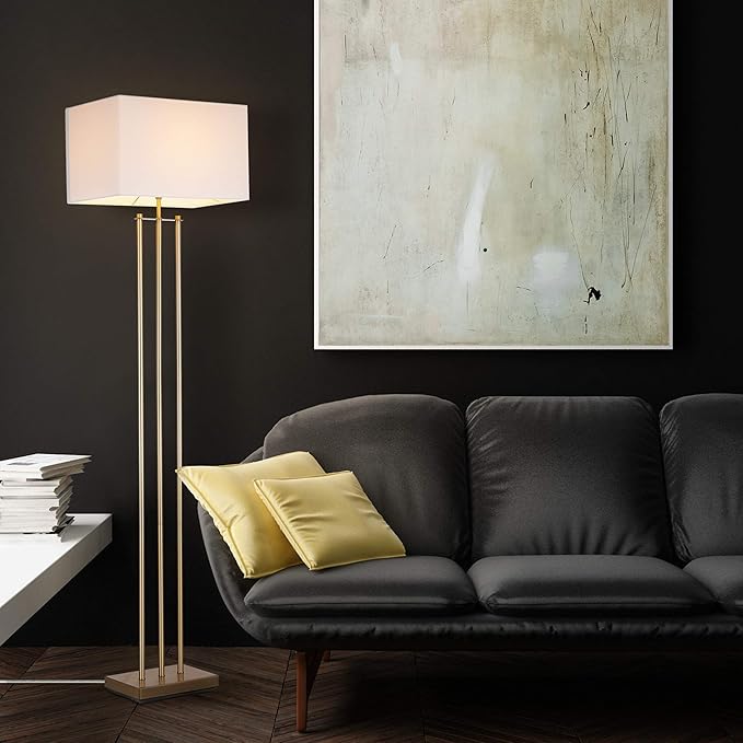Globe Electric 67775 62" Floor Lamp, Matte Brass, White Linen Shade, Floor Lamp for Living Room, Floor Lamp for Bedroom, Home Improvement, Reading Lamp, Home Office Accessories, Home Décor - LeafyLoom
