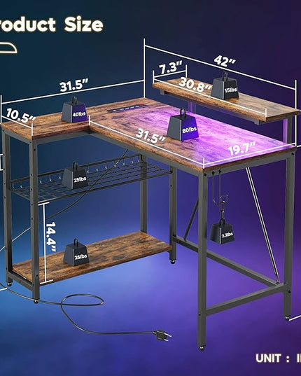 Bestier Small L Shaped Desk with Charging Port & LED Strip,Modern Computer Desk with Reversible Storage Shelves,Corner Desk with Hooks for Bedroom Office Studio Workstation,Rustic Brown - LeafyLoom
