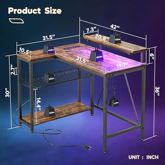 Bestier Small L Shaped Desk with Charging Port & LED Strip,Modern Computer Desk with Reversible Storage Shelves,Corner Desk with Hooks for Bedroom Office Studio Workstation,Rustic Brown - LeafyLoom