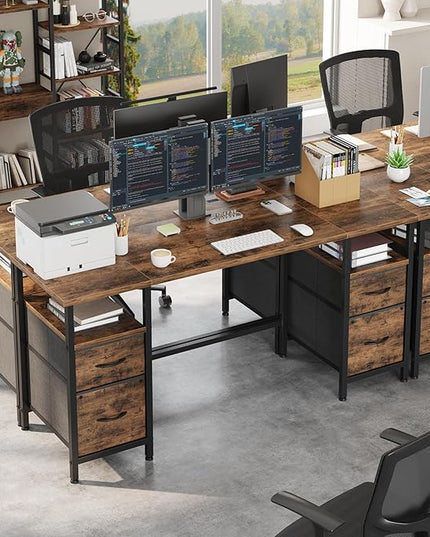 63'' Office Desk with 4 Fabric File Drawers - File Drawer Organization, Computer Work Desk, Study Writing Table, Home Office Workstation, Rustic Brown. - LeafyLoom
