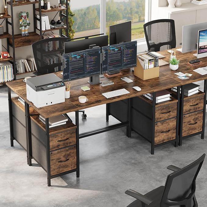 63'' Office Desk with 4 Fabric File Drawers - File Drawer Organization, Computer Work Desk, Study Writing Table, Home Office Workstation, Rustic Brown. - LeafyLoom