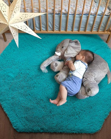 junovo Ultra Soft Rug for Nursery Children Room Baby Room Home Decor Dormitory Hexagon Carpet for Playhouse Princess Tent Kids Play Castle, Diameter 4.6 ft, Teal Blue - LeafyLoom