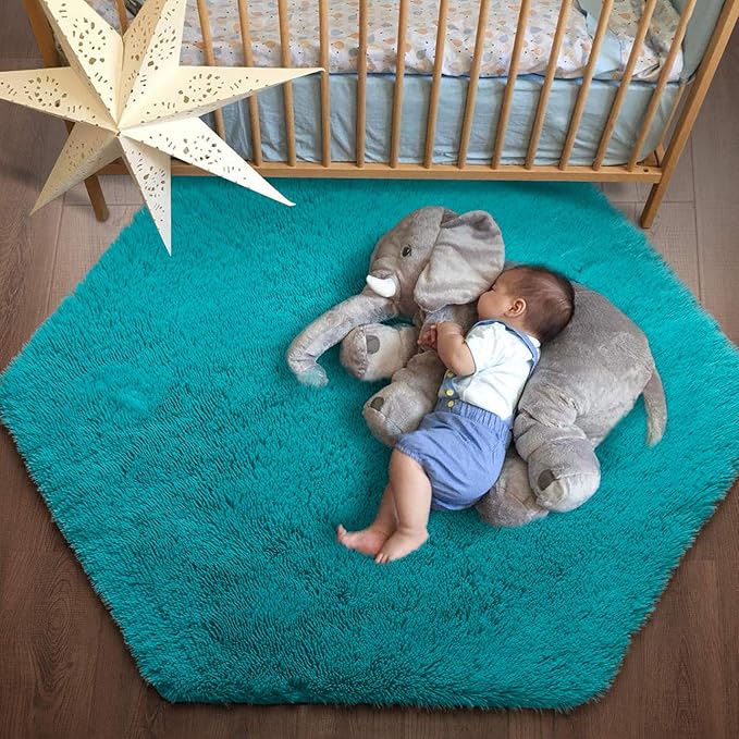 junovo Ultra Soft Rug for Nursery Children Room Baby Room Home Decor Dormitory Hexagon Carpet for Playhouse Princess Tent Kids Play Castle, Diameter 4.6 ft, Teal Blue - LeafyLoom