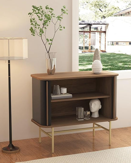 roomfitters Sideboard Buffet Cabinet with Sliding Doors, Mid Century Modern Credenza with 2 Tambour Doors, Minimalist Accent Storage Cabinet for Living Room, Media Console with Storage, Walnut Black - LeafyLoom