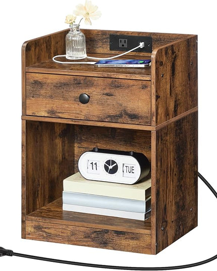 HOOBRO Nightstand with Charging Station, End Table with Drawer and Opening Shelf, Side Table with USB Ports and Outlets, Bedside Table for Bedroom, Small Night Stand, Rustic Brown FG18UBZ01 - LeafyLoom