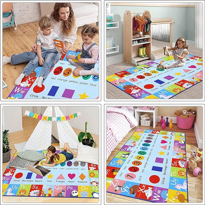 HEBE Kids Play Rug 3'4"x5' ABC Alphabet Numbers Shapes Educational Kid Area Rug Washable Baby Crawling Mat Non Slip Kid Play Mat Carpet for Girl Boy Bedroom Playroom - LeafyLoom