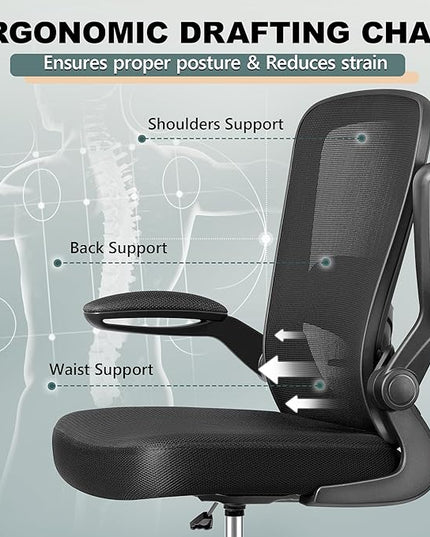 FelixKing Drafting Chair Ergonomic Tall Office Chair, Breathable Mesh Chair with Adjustable Footrest Ring Lumbar Support Flip-up Armrests, High Back Executive Comfy Task Computer Chair for Home Office - LeafyLoom