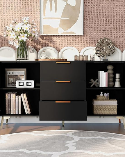 GIA Home Furniture Series Modern MDF Buffet Sideboard with 2 Doors,3 Drawers,Accent Storage Cabinets with Metal Handles for Kitchen,Dinning,Living Room, 63 Inch, Black Finish - LeafyLoom