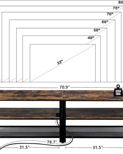Clikuutory Modern Brown 71 inch Metal TV Stand with LED Lights and Power Outlets for 50 60 65 70 75 80 Inch TVs, 3 Tier Television Stands with Entertainment Center and Storage for Living Room, Bedroom - LeafyLoom