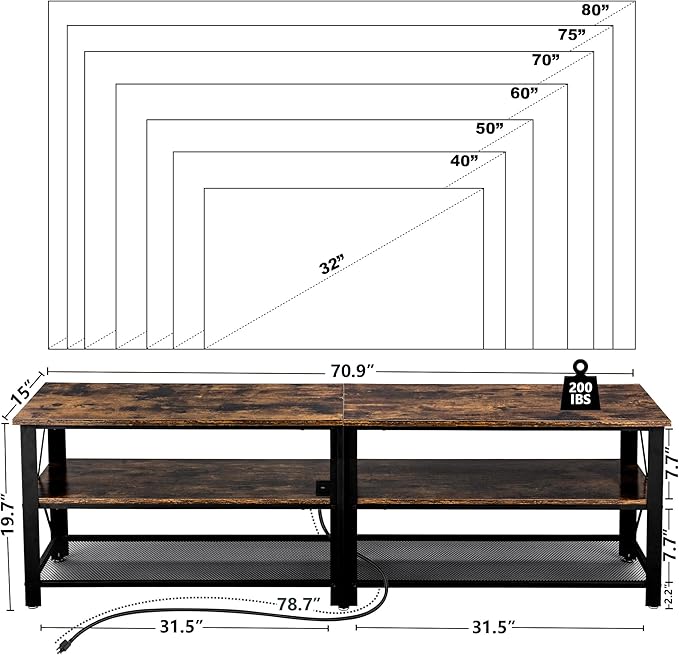 Clikuutory Modern Brown 71 inch Metal TV Stand with LED Lights and Power Outlets for 50 60 65 70 75 80 Inch TVs, 3 Tier Television Stands with Entertainment Center and Storage for Living Room, Bedroom - LeafyLoom