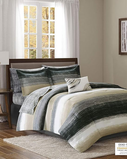 Madison Park Essentials King Comforter Set, Bed in a Bag King, Watercolor Print Coastal Comforter & Chambray Cotton Sheet Set, All Season Bedding Set, Saben, Taupe King (104 in x 92 in) 9 Piece - LeafyLoom