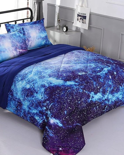 Wowelife Galaxy Bedding Twin Outer Space Comforter Set 5 Pieces Blue Cosmic Galaxy Bed Set Kids Bed in A Bag Twin for Teen Boys and Girls with Comforter, Flat Sheet, Fitted Sheet and 2 Pillowcases - LeafyLoom