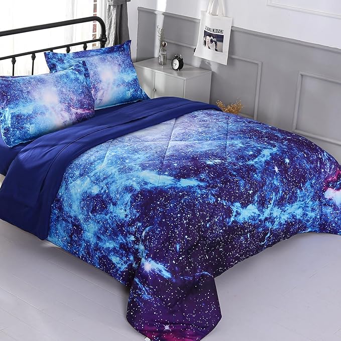 Wowelife Galaxy Bedding Twin Outer Space Comforter Set 5 Pieces Blue Cosmic Galaxy Bed Set Kids Bed in A Bag Twin for Teen Boys and Girls with Comforter, Flat Sheet, Fitted Sheet and 2 Pillowcases - LeafyLoom