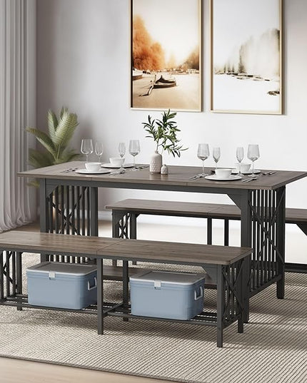 DWVO 3-Piece Dining Table Set for 4-6 People, 63" Dining Room Table with 2 Benches, Industrial Rectangular Dining Room Table Set with Storage for Kitchen, Dining Room, Grey - LeafyLoom