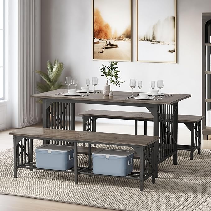 DWVO 3-Piece Dining Table Set for 4-6 People, 63" Dining Room Table with 2 Benches, Industrial Rectangular Dining Room Table Set with Storage for Kitchen, Dining Room, Grey - LeafyLoom