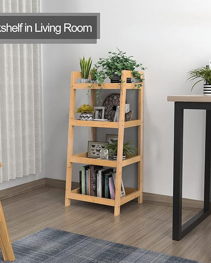 Bamboo Bookshelf, 4 Tier Ladder Shelf, Freestanding Storage Shelf Rack for Bathroom, Kitchen, Living Room - LeafyLoom