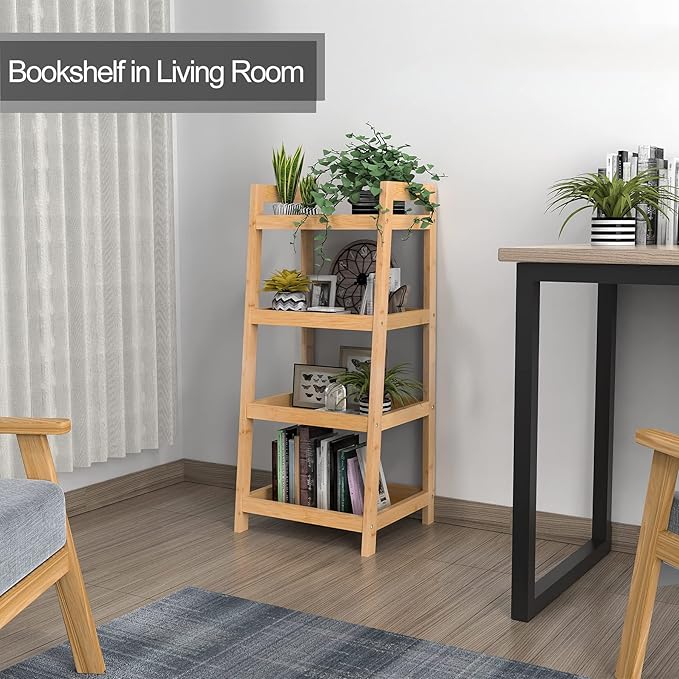 Bamboo Bookshelf, 4 Tier Ladder Shelf, Freestanding Storage Shelf Rack for Bathroom, Kitchen, Living Room - LeafyLoom