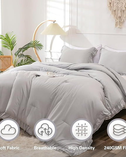 Gray Double Ruffle Comforter Set Queen Size (90x90 Inch), 3 Pcs Grey Farmhouse Vintage Comforter Set (1 Ruffled Comforter and 2 Pillowcase), Rustic All Season Down Alternative Bedding Set - LeafyLoom