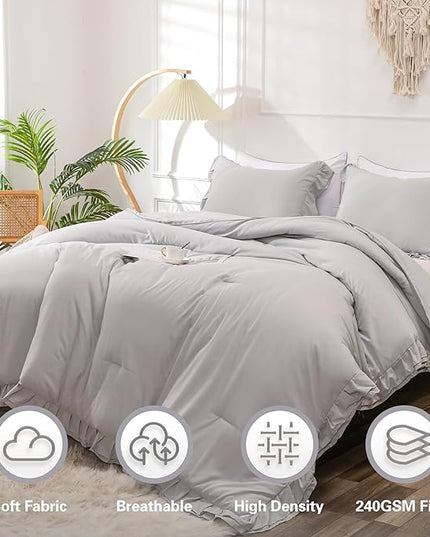 Gray Double Ruffle Comforter Set Full Size (79x90 Inch), 3 Pcs Grey Farmhouse Vintage Comforter Set (1 Ruffled Comforter and 2 Pillowcase), Rustic All Season Down Alternative Bedding Set - LeafyLoom