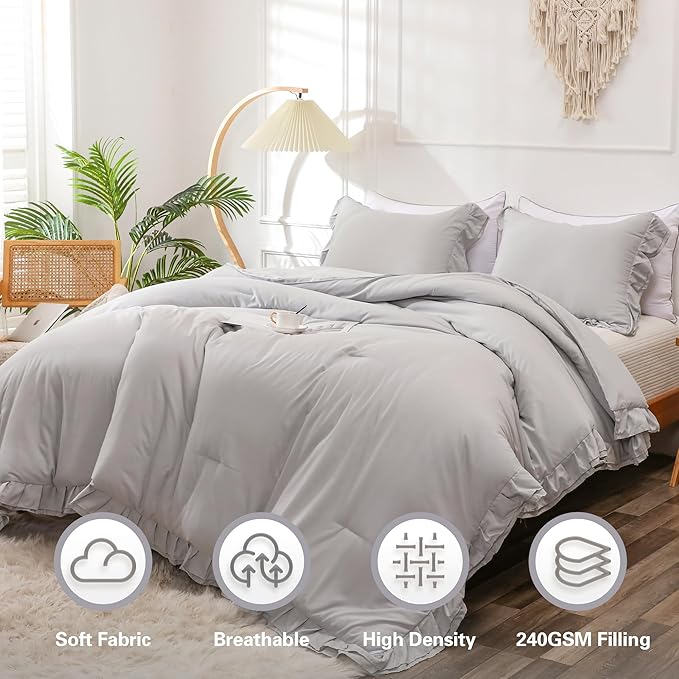 Gray Double Ruffle Comforter Set Twin Size (66x90 Inch), 2 Pcs Grey Farmhouse Vintage Comforter Set (1 Ruffled Comforter and 1 Pillowcase), Rustic All Season Down Alternative Bedding Set - LeafyLoom