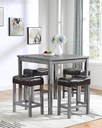 Home Kitchen 5 Piece Dining Set, Breakfast Tables with 4 Padded Stools, Industrial Bar Dinette Furniture for Living Room, Apartment, Space-Saving Design, Brown+Gray - LeafyLoom