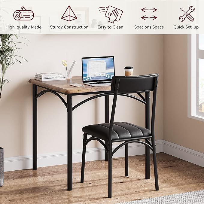 IDEALHOUSE Dining Table Set, Kitchen Table and Chairs for 2, Metal and Wood Square Dining Room Table Set with 2 Upholstered Chairs, 3 Piece Dining Table Set for Small Space, Apartment, Rustic Brown - LeafyLoom