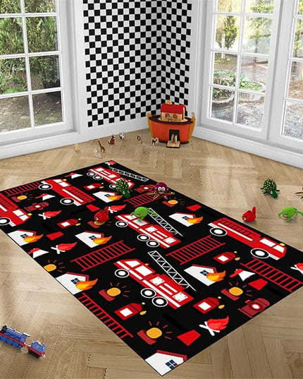 Car Play Rug Fire Fighting Truck Area Rug Car Rug Play Mat Kids Rugs for Playroomcar Rug for Boys Room Carpet Floor Mat for Bedroom Living Room,Black 3'×4' - LeafyLoom