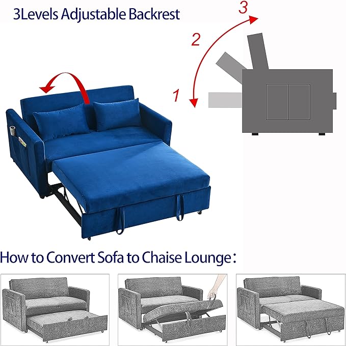 Sleeper Couch Pull-Out Sofa Bed 3-in-1 Versatile Multi-Functional Velvet, Convertible 54'' Loveseat Chaise Lounge with Adjustable Backrest Lumbar Pillows,for Living Room Side Pockets,Small Space - LeafyLoom