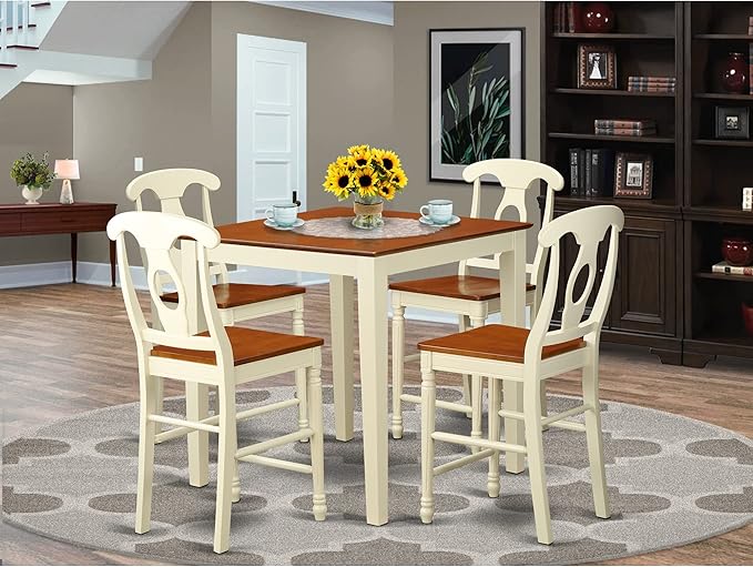 East West Furniture VNKE5-WHI-W Vernon 5 Piece Kitchen Counter Set Includes a Square Table and 4 Dining Room Chairs, 36x36 Inch, Buttermilk & Cherry - LeafyLoom