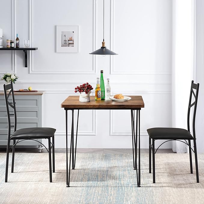 VECELO 3-Piece Dining Room Kitchen Table and Pu Cushion Chair Sets for Small Space, Seating for two, Brown - LeafyLoom