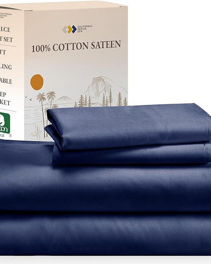 California Design Den Soft 100% Cotton Bedsheets Queen Size Bed, 4 Piece Queen Sheet Set with Sateen Weave, Cooling Sheets - Navy Blue - LeafyLoom