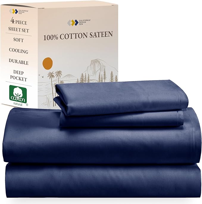 California Design Den Soft 100% Cotton Bedsheets Queen Size Bed, 4 Piece Queen Sheet Set with Sateen Weave, Cooling Sheets - Navy Blue - LeafyLoom